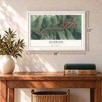 Richwood, West Virginia map, 12 x 18 inch print in a white frame in an entryway