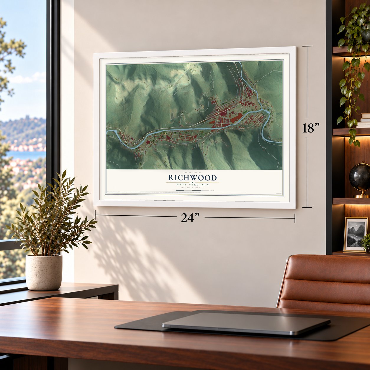 Richwood, West Virginia map, 18 x 24 inch print in a white frame in a home office