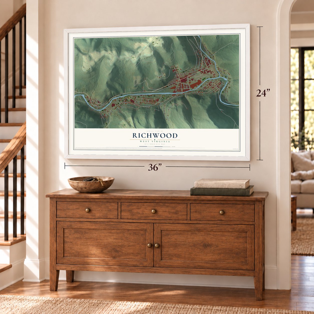 Richwood, West Virginia map, 24 x 36 inch print in a white frame above a dresser by a staircase