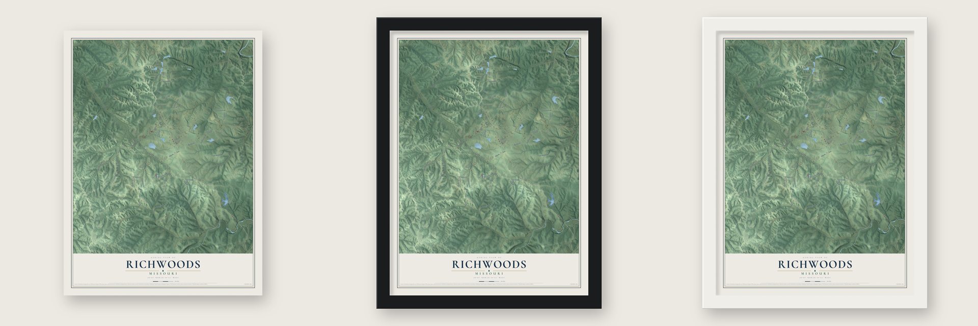 Richwoods, Missouri map unframed, in a black wood frame and in a white wood frame