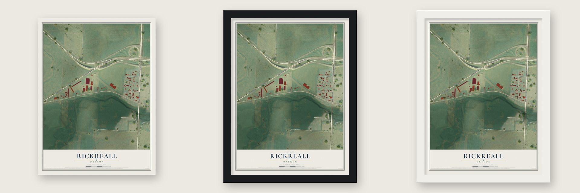 Rickreall, Oregon map unframed, in a black wood frame and in a white wood frame