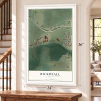 Rickreall, Oregon map, 24 x 36 inch print in a white frame by a staircase