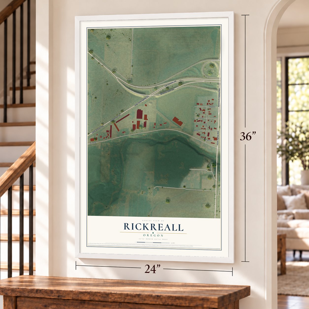 Rickreall, Oregon map, 24 x 36 inch print in a white frame by a staircase