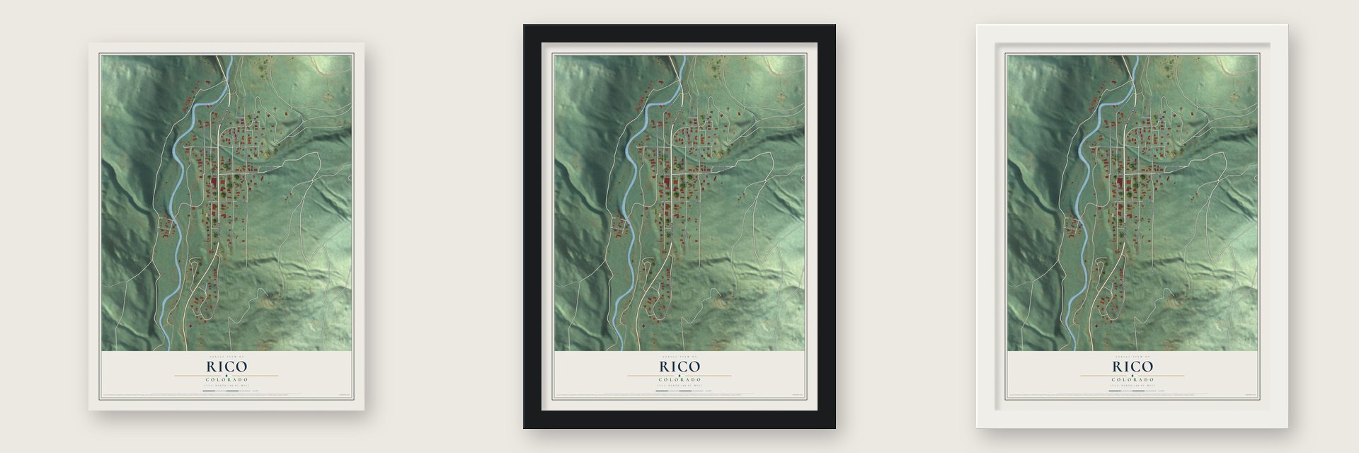Rico, Colorado map unframed, in a black wood frame and in a white wood frame