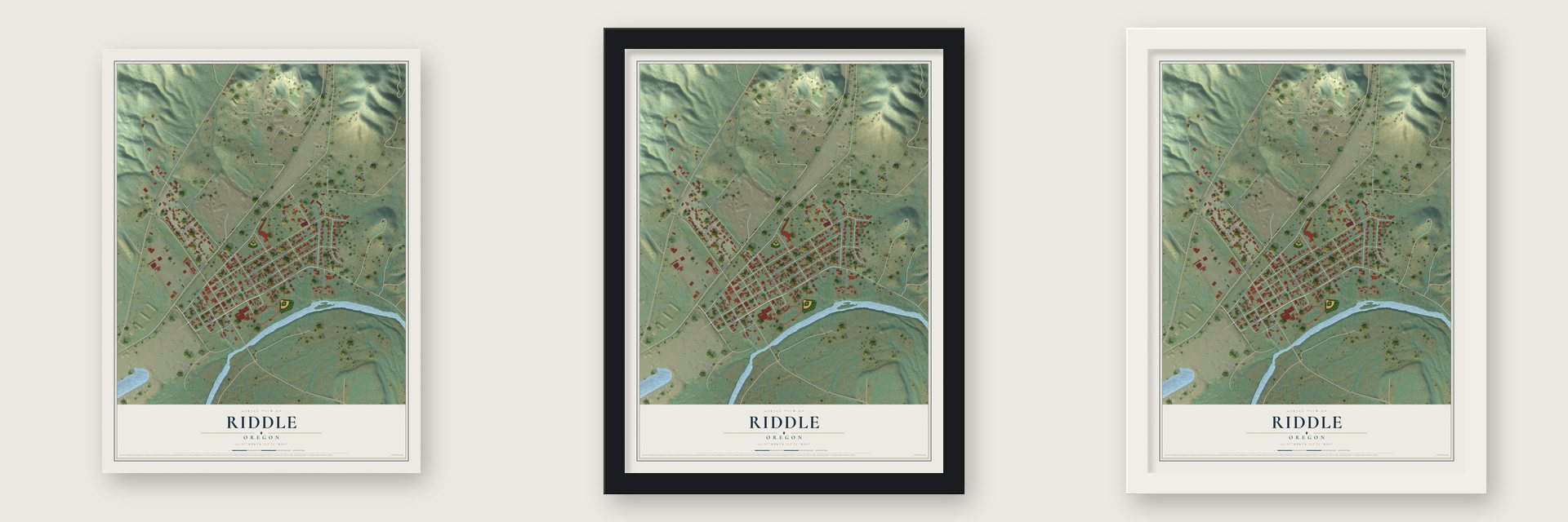 Riddle, Oregon map unframed, in a black wood frame and in a white wood frame