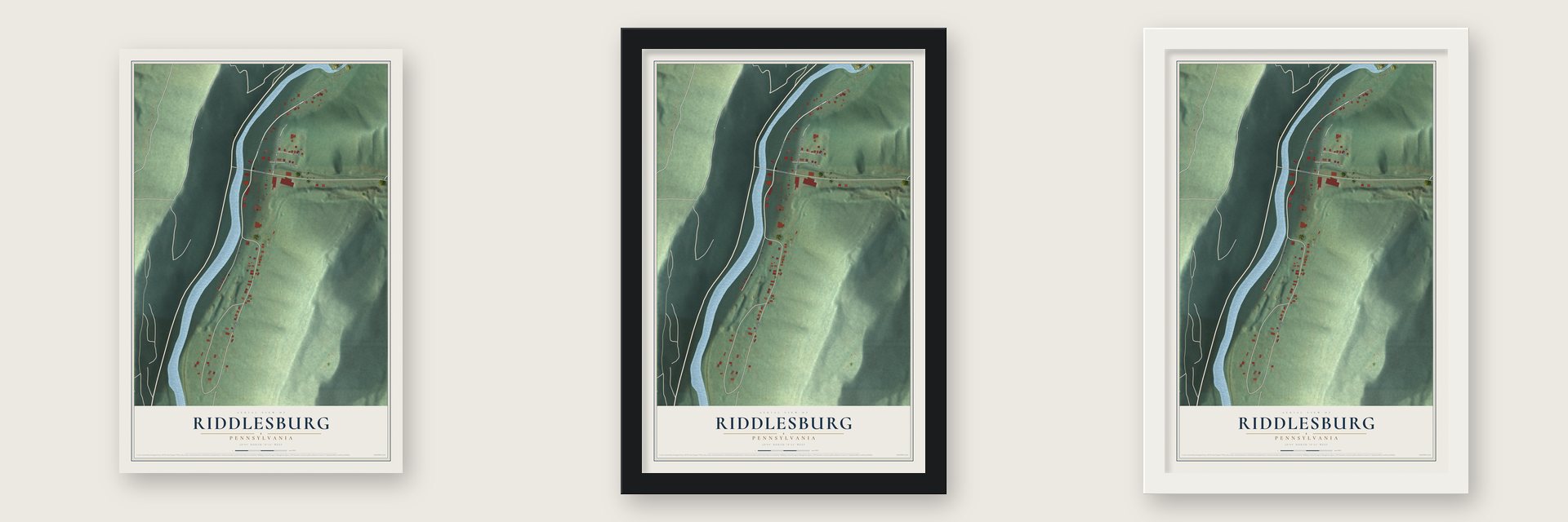 Riddlesburg, Pennsylvania map unframed, in a black wood frame and in a white wood frame