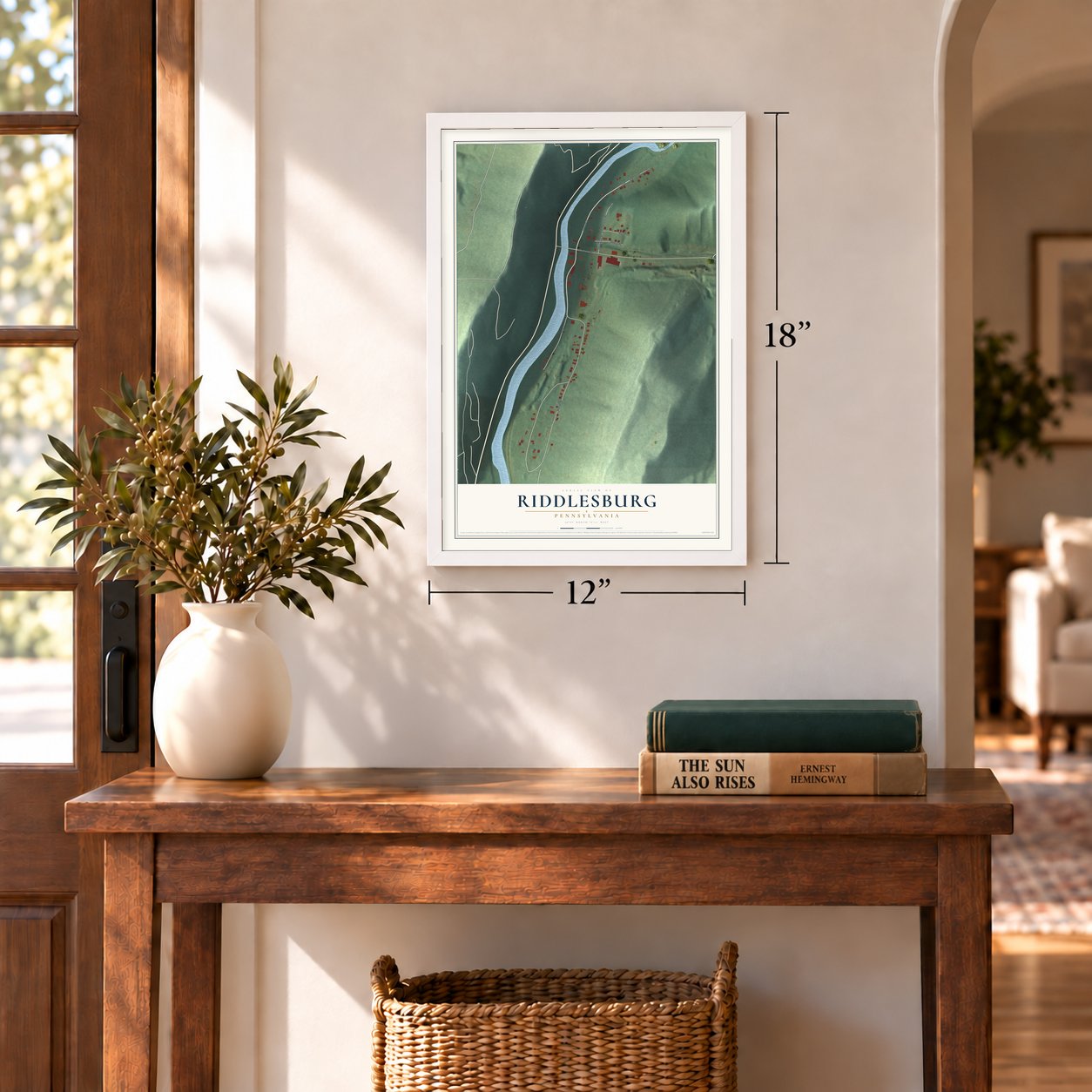 Riddlesburg, Pennsylvania map, 12 x 18 inch print in a white frame in an entryway