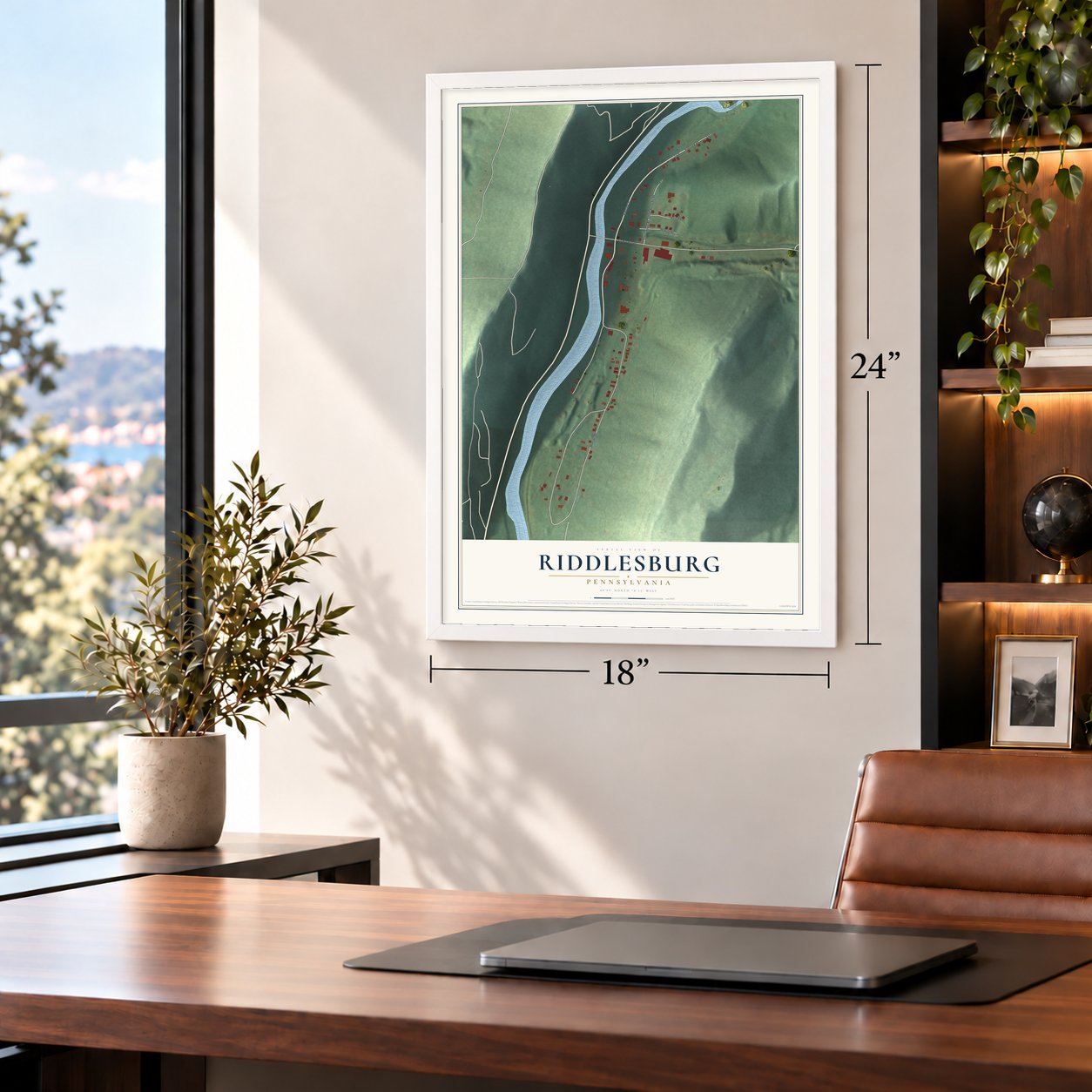 Riddlesburg, Pennsylvania map, 18 x 24 inch print in a white frame in a home office