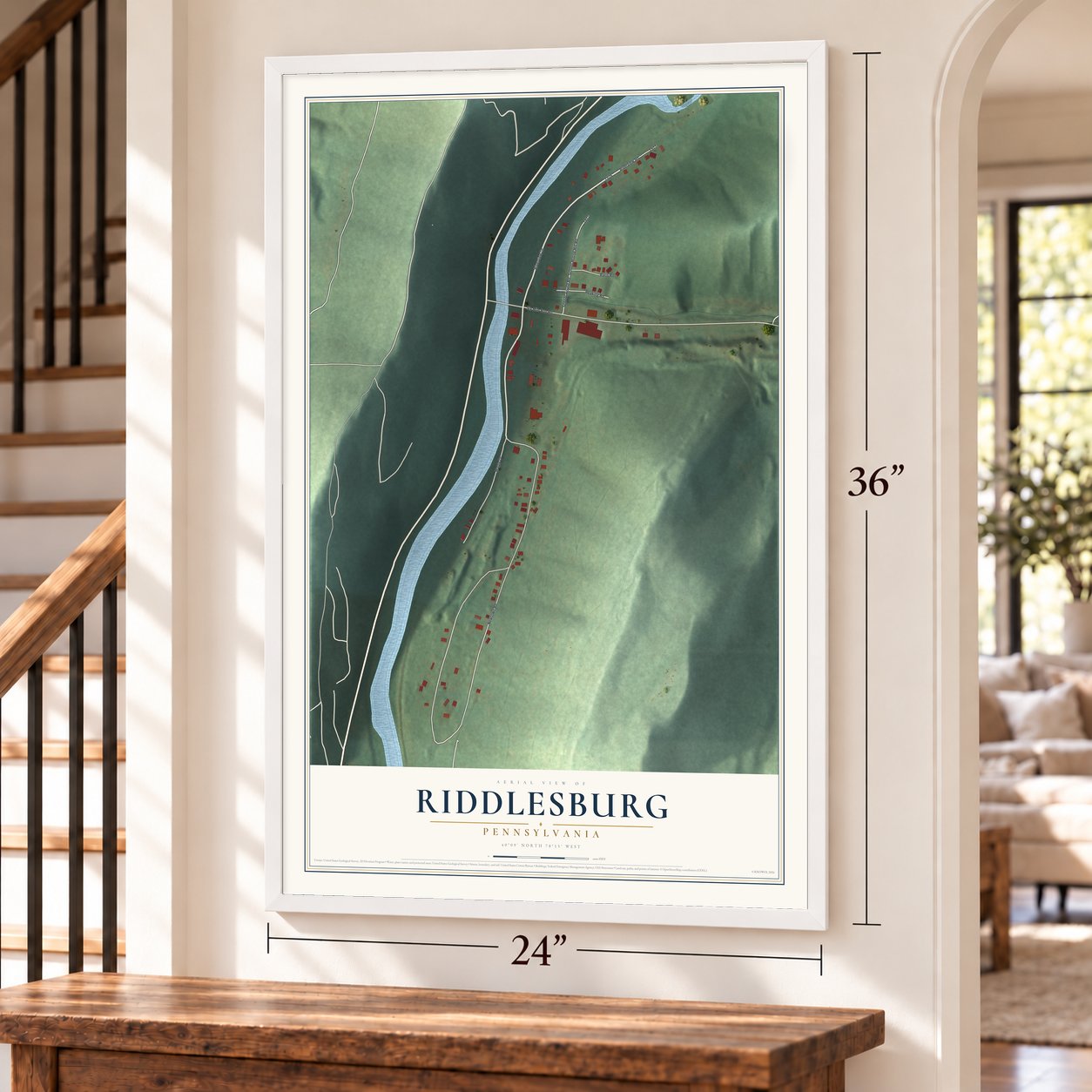 Riddlesburg, Pennsylvania map, 24 x 36 inch print in a white frame by a staircase