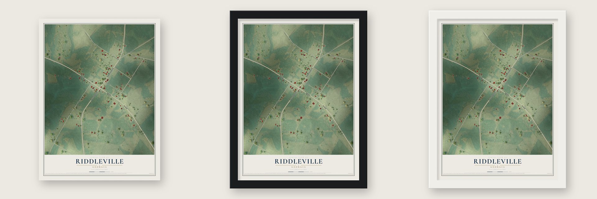 Riddleville, Georgia map unframed, in a black wood frame and in a white wood frame