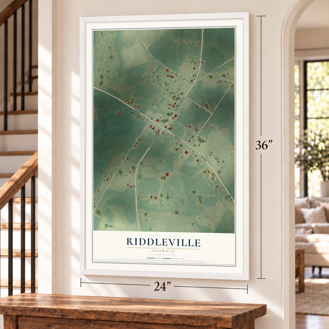 Riddleville, Georgia map, 24 x 36 inch print in a white frame by a staircase