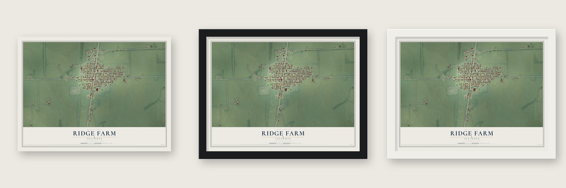Ridge Farm, Illinois map unframed, in a black wood frame and in a white wood frame