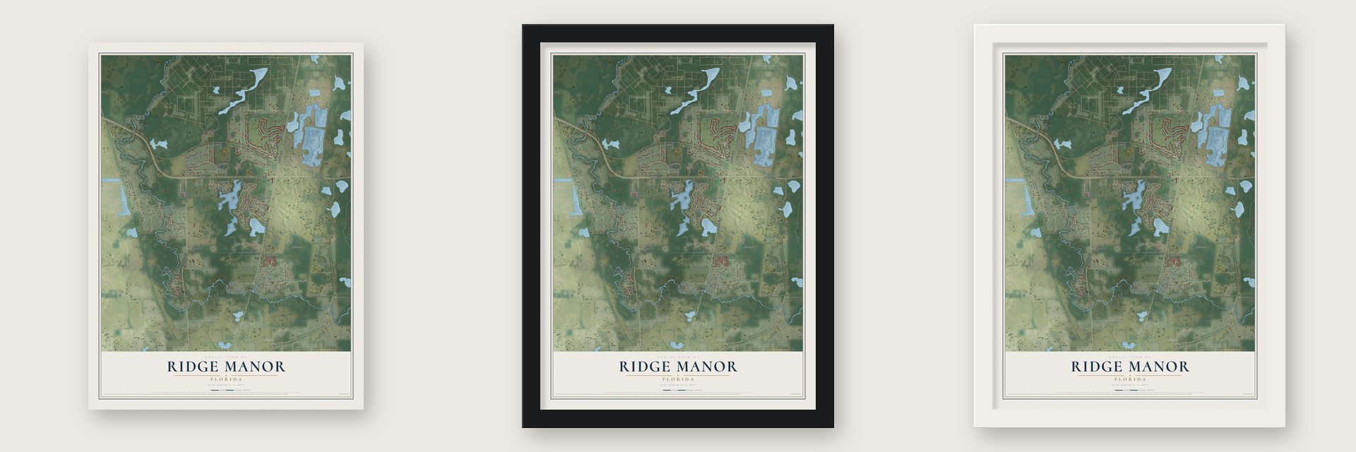 Ridge Manor, Florida map unframed, in a black wood frame and in a white wood frame