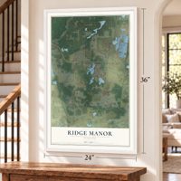 Ridge Manor, Florida map, 24 x 36 inch print in a white frame by a staircase
