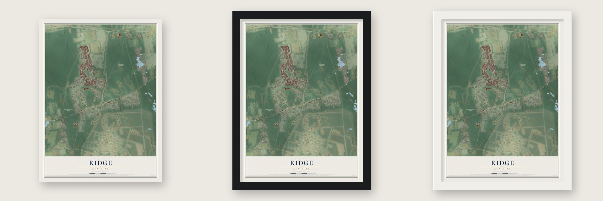 Ridge, New York map unframed, in a black wood frame and in a white wood frame
