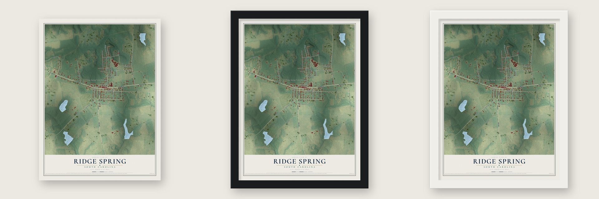 Ridge Spring, South Carolina map unframed, in a black wood frame and in a white wood frame