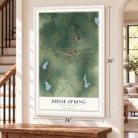 Ridge Spring, South Carolina map, 24 x 36 inch print in a white frame by a staircase