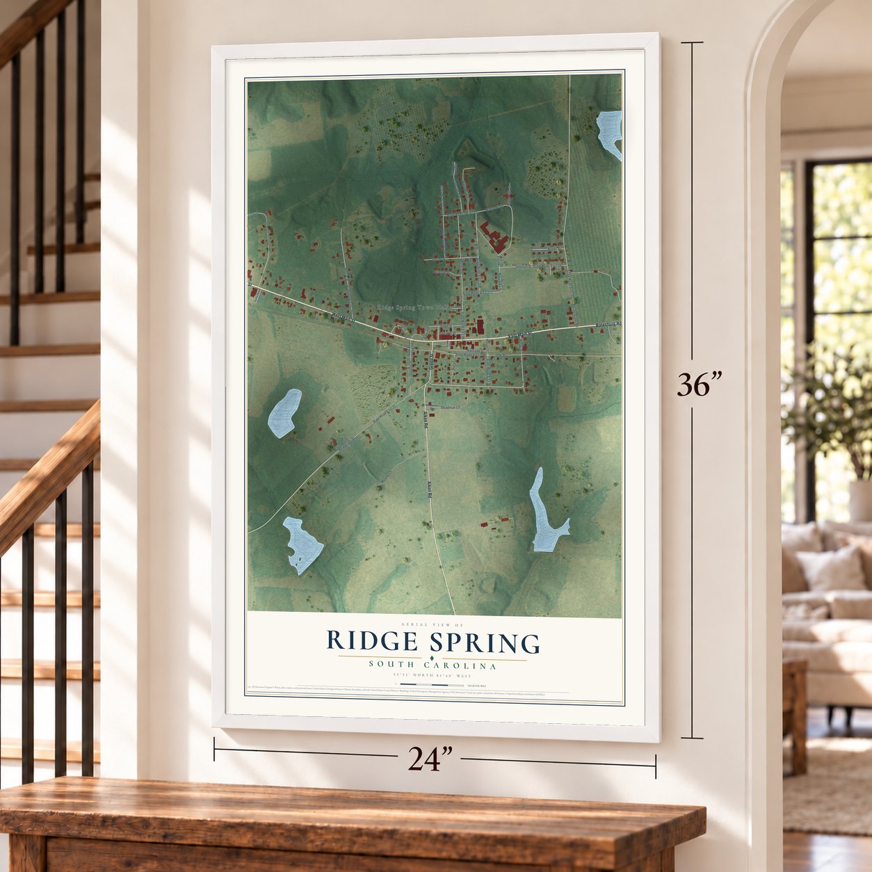 Ridge Spring, South Carolina map, 24 x 36 inch print in a white frame by a staircase