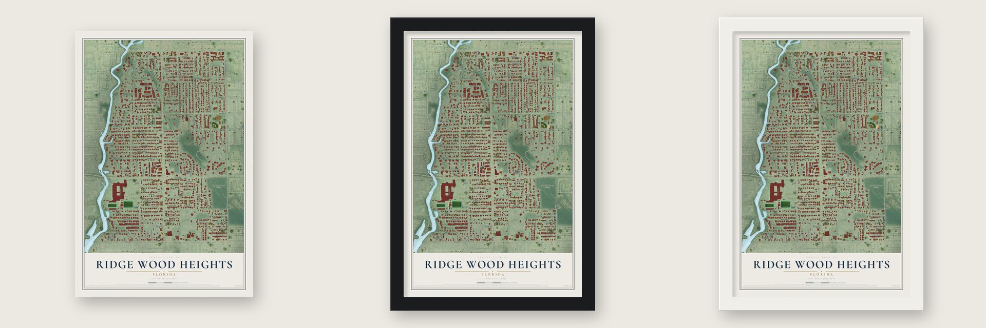 Ridge Wood Heights, Florida map unframed, in a black wood frame and in a white wood frame