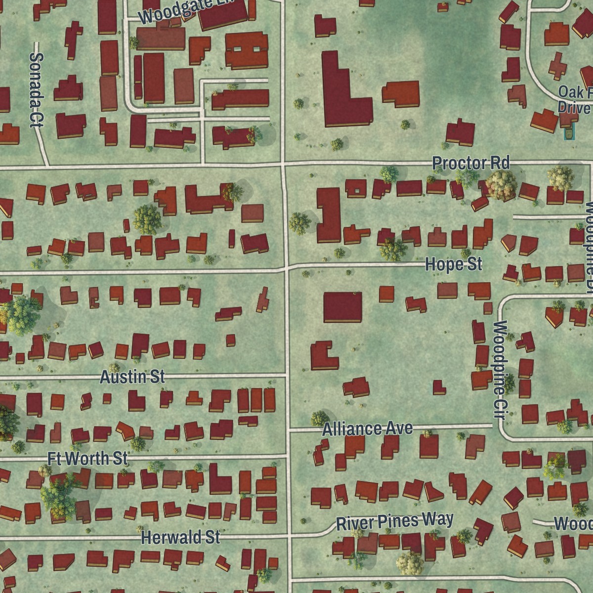 Second close-up of the map of Ridge Wood Heights, Florida print showing more streets and buildings
