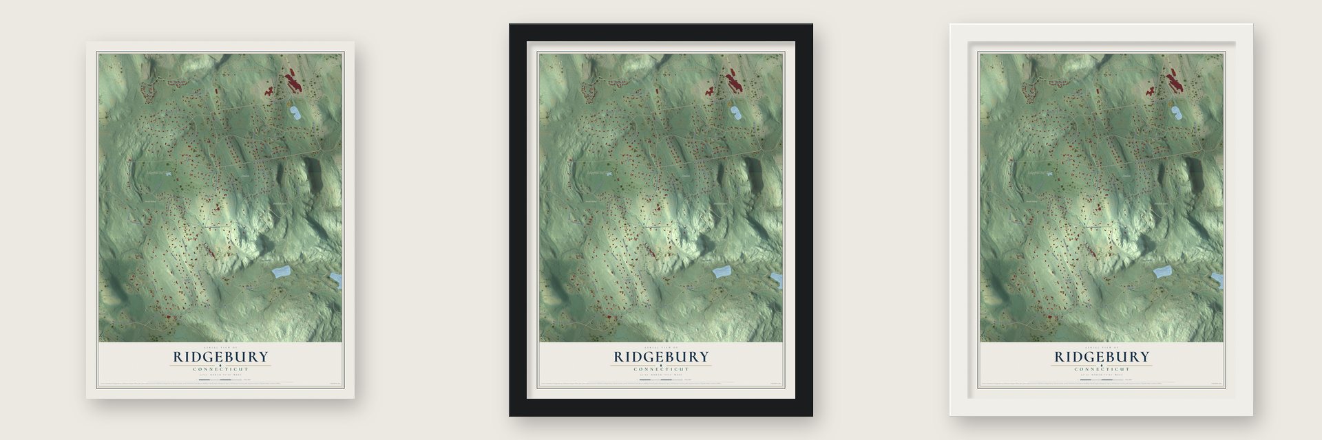 Ridgebury, Connecticut map unframed, in a black wood frame and in a white wood frame