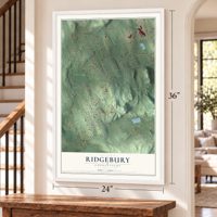 Ridgebury, Connecticut map, 24 x 36 inch print in a white frame by a staircase