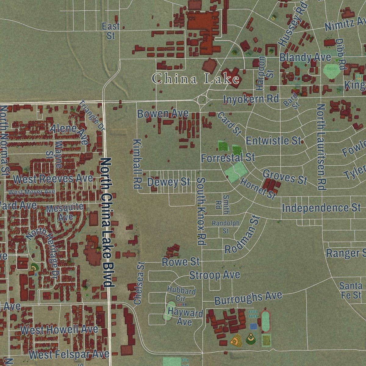 Second close-up of the map of Ridgecrest, California print showing more streets and buildings