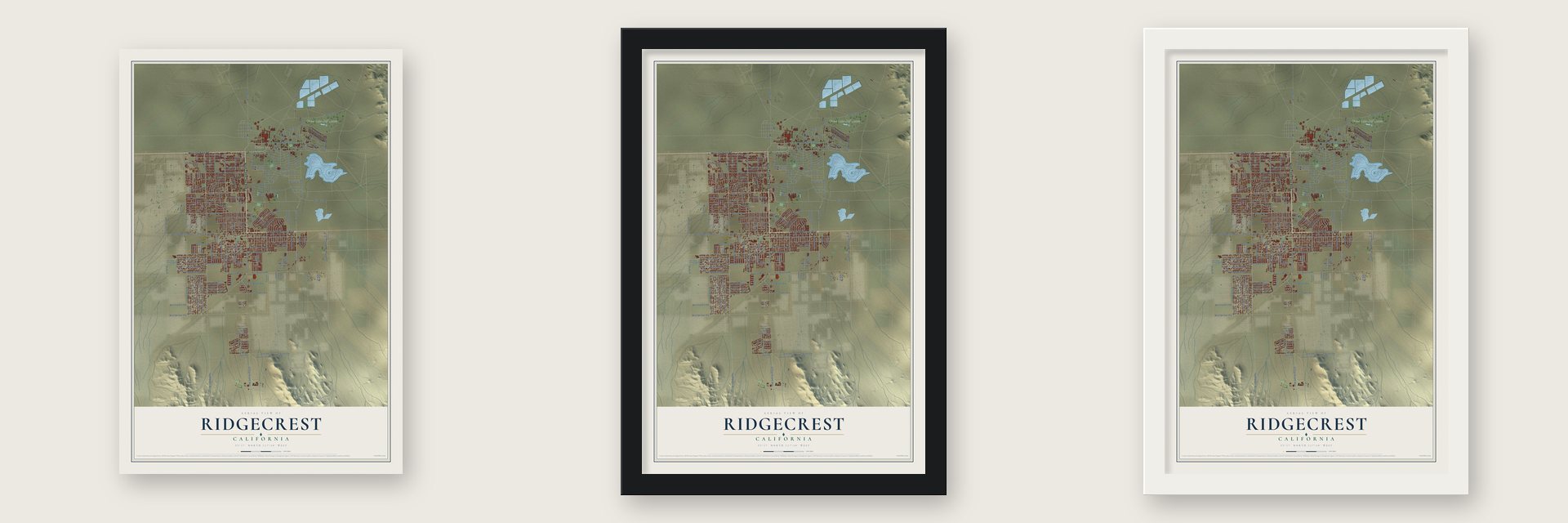 Ridgecrest, California map unframed, in a black wood frame and in a white wood frame