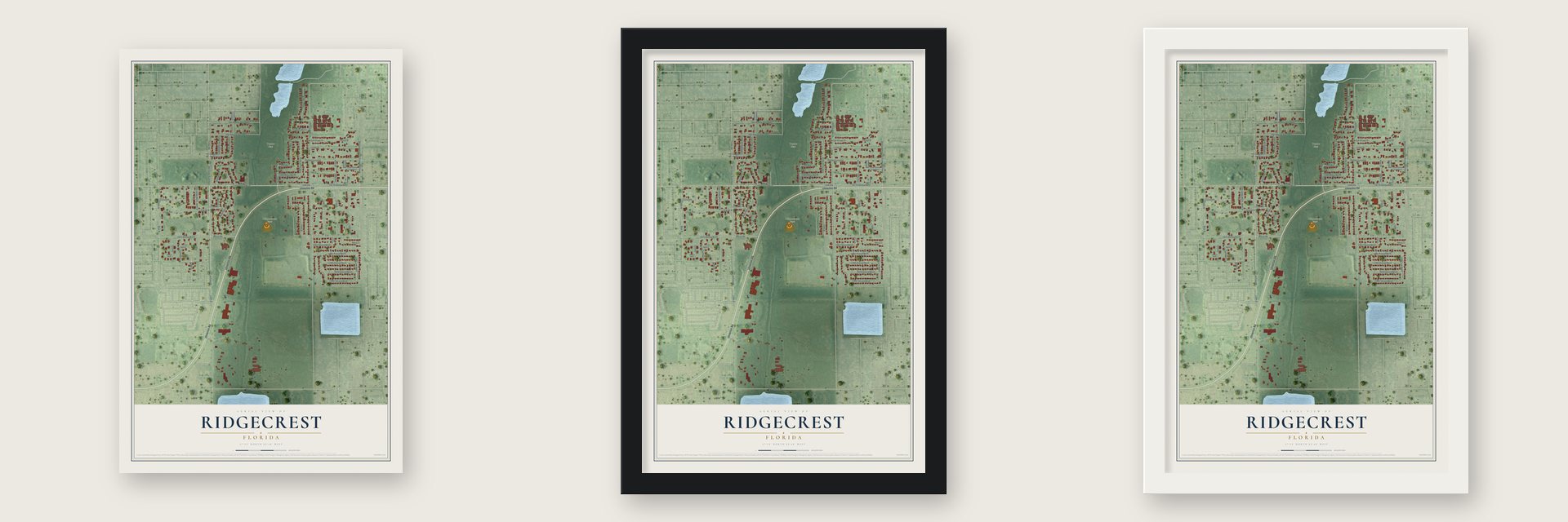 Ridgecrest, Florida map unframed, in a black wood frame and in a white wood frame