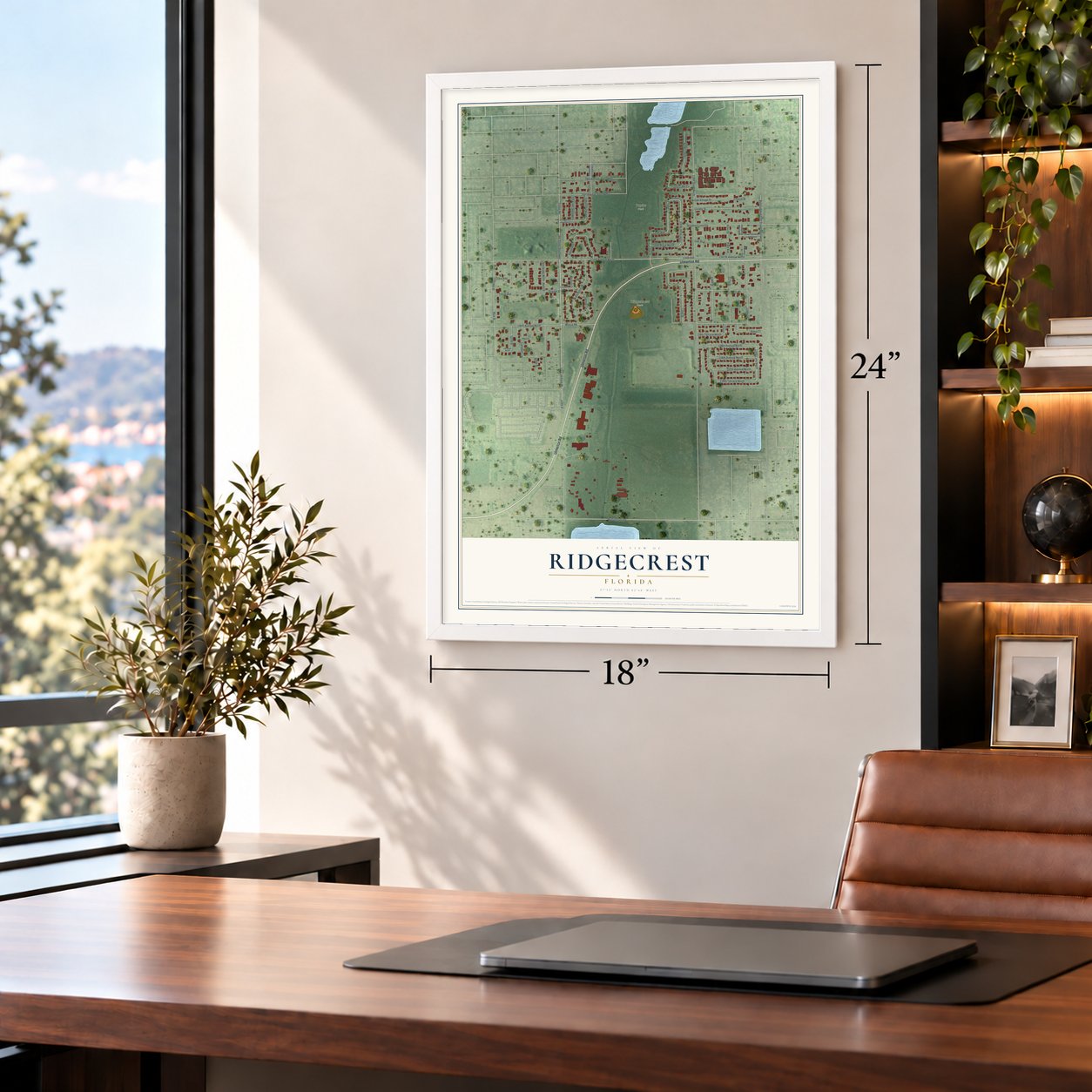 Ridgecrest, Florida map, 18 x 24 inch print in a white frame in a home office