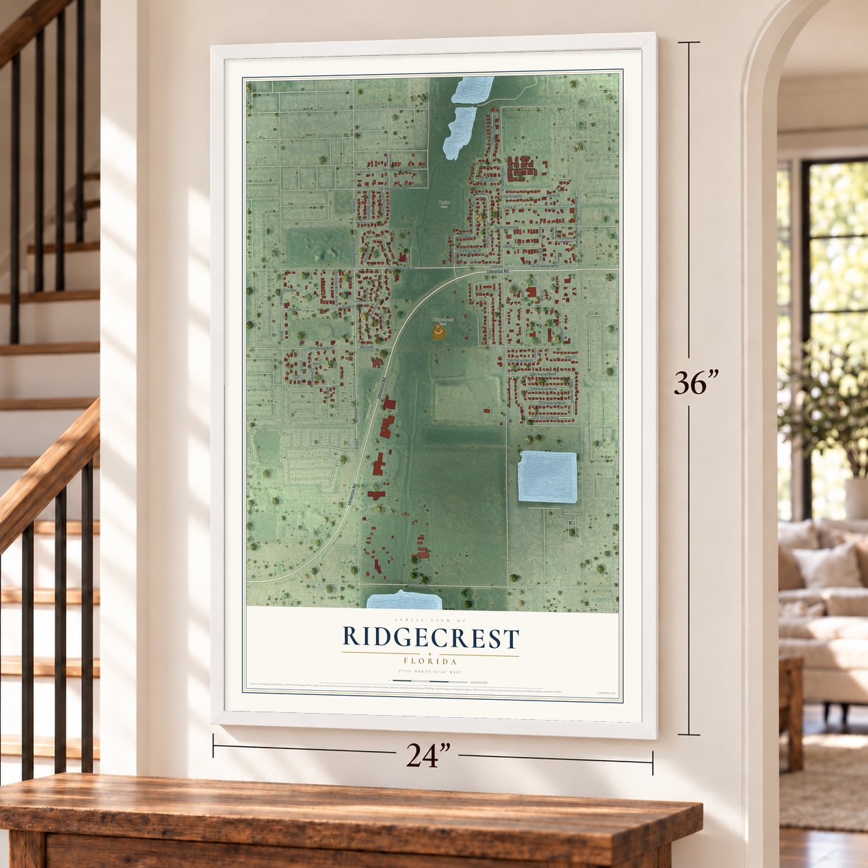 Ridgecrest, Florida map, 24 x 36 inch print in a white frame by a staircase
