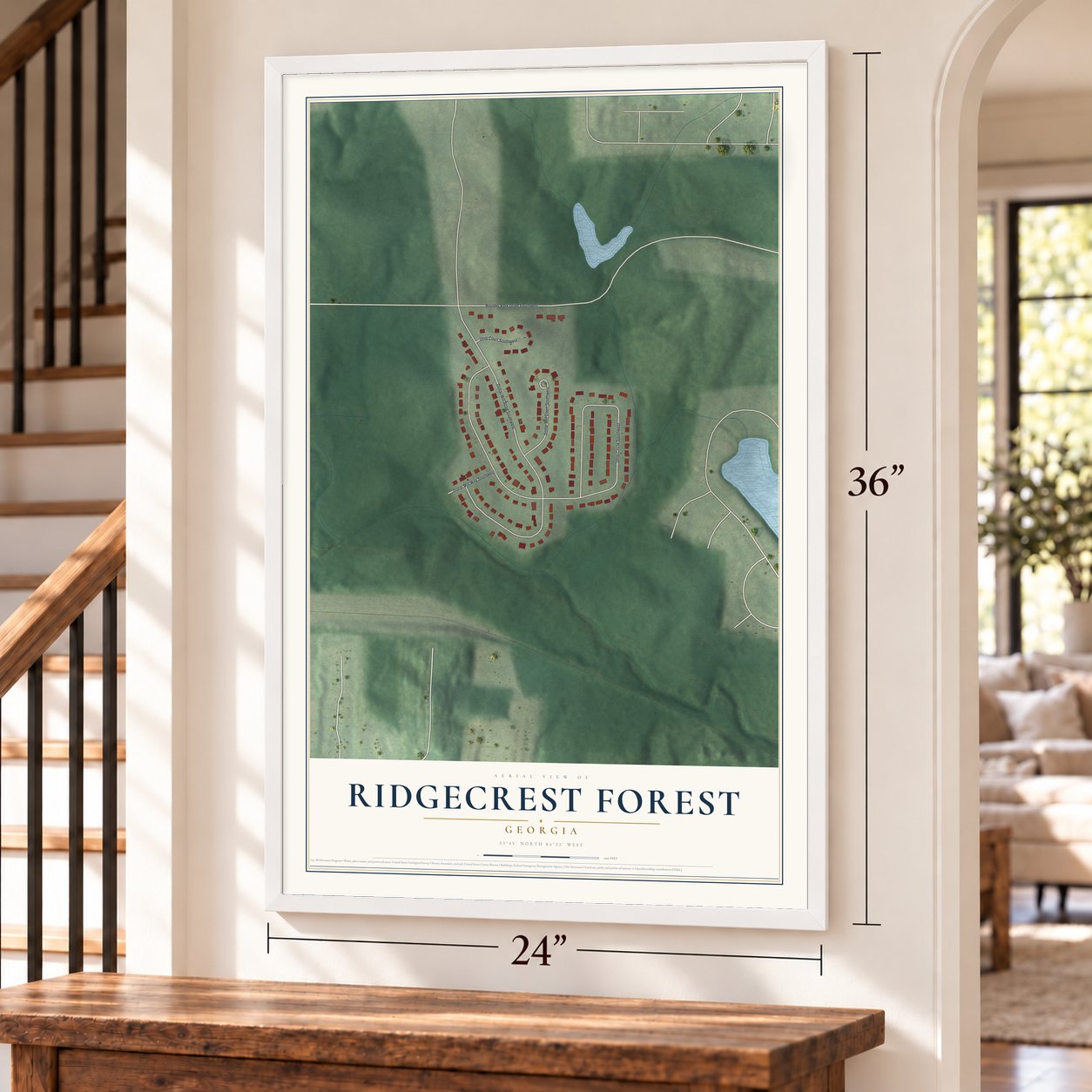 Ridgecrest Forest, Georgia map, 24 x 36 inch print in a white frame by a staircase
