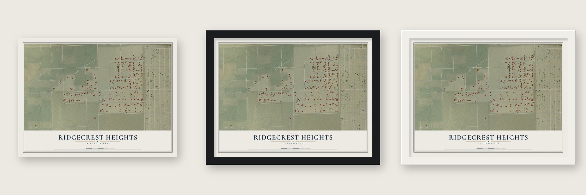 Ridgecrest Heights, California map unframed, in a black wood frame and in a white wood frame