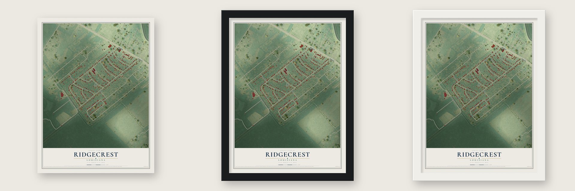 Ridgecrest, Louisiana map unframed, in a black wood frame and in a white wood frame
