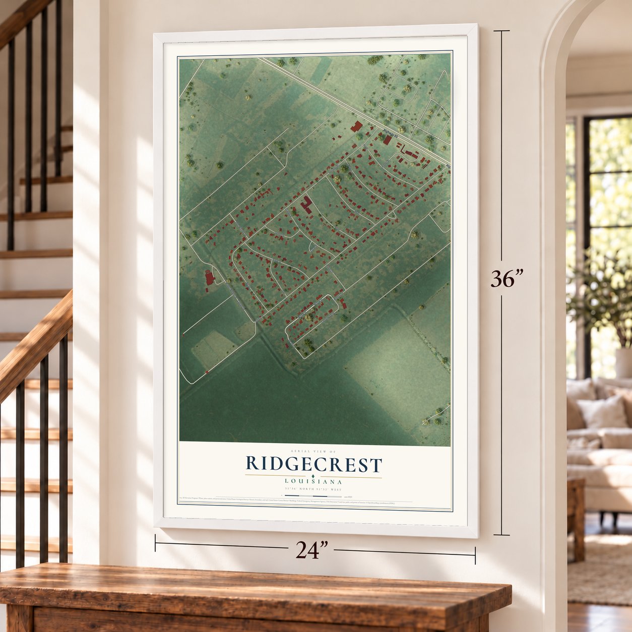Ridgecrest, Louisiana map, 24 x 36 inch print in a white frame by a staircase