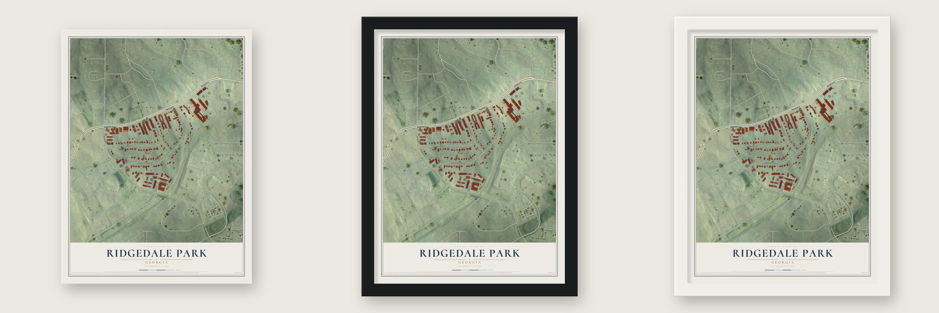Ridgedale Park, Georgia map unframed, in a black wood frame and in a white wood frame