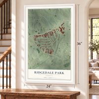 Ridgedale Park, Georgia map, 24 x 36 inch print in a white frame by a staircase