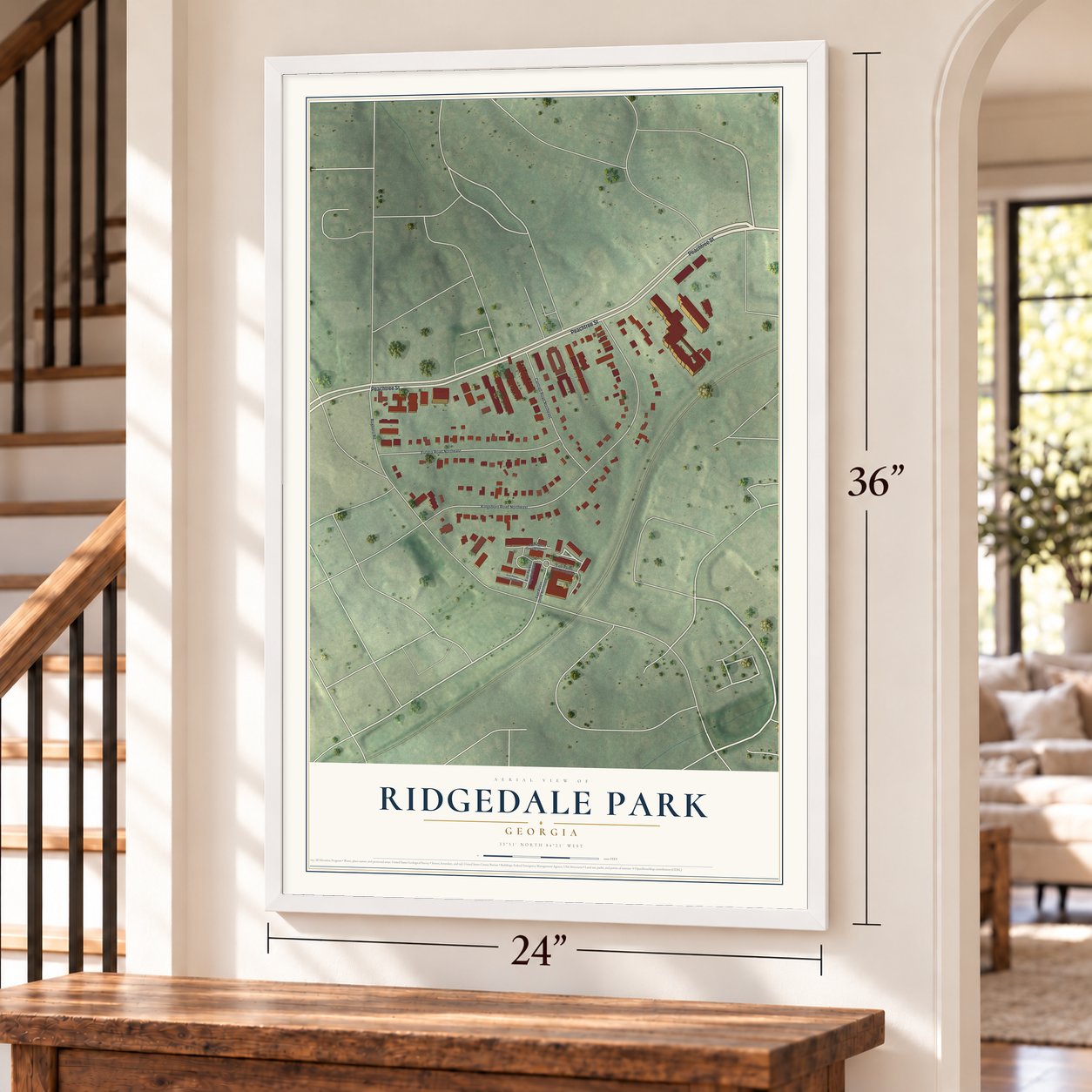 Ridgedale Park, Georgia map, 24 x 36 inch print in a white frame by a staircase