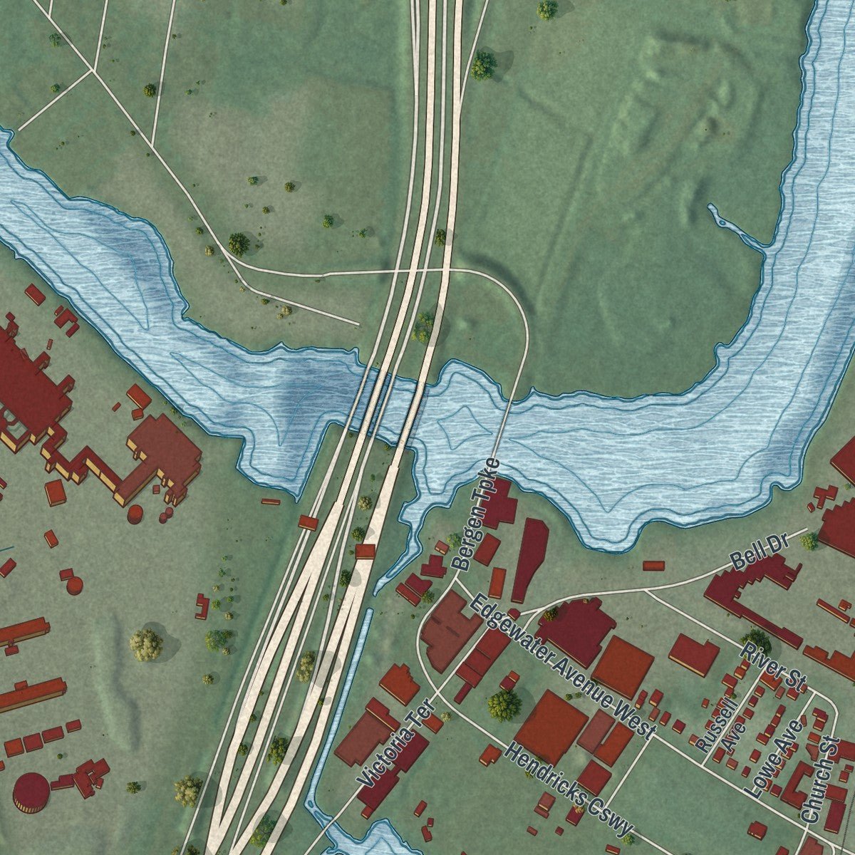 Second close-up of the map of Ridgefield, New Jersey print showing more streets and buildings