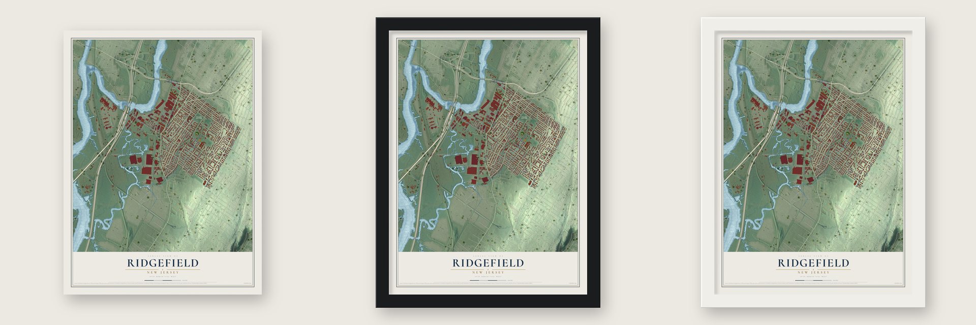 Ridgefield, New Jersey map unframed, in a black wood frame and in a white wood frame