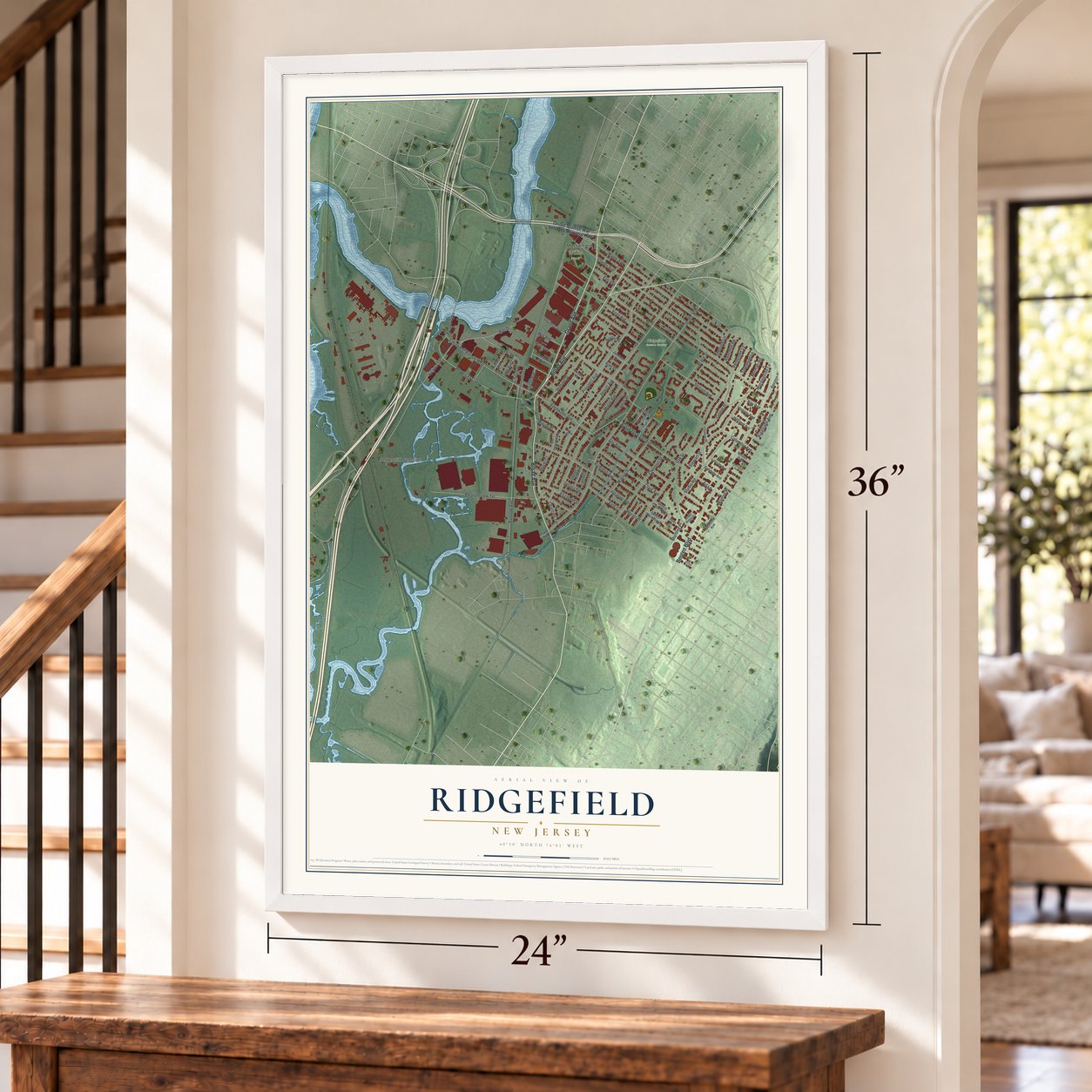 Ridgefield, New Jersey map, 24 x 36 inch print in a white frame by a staircase