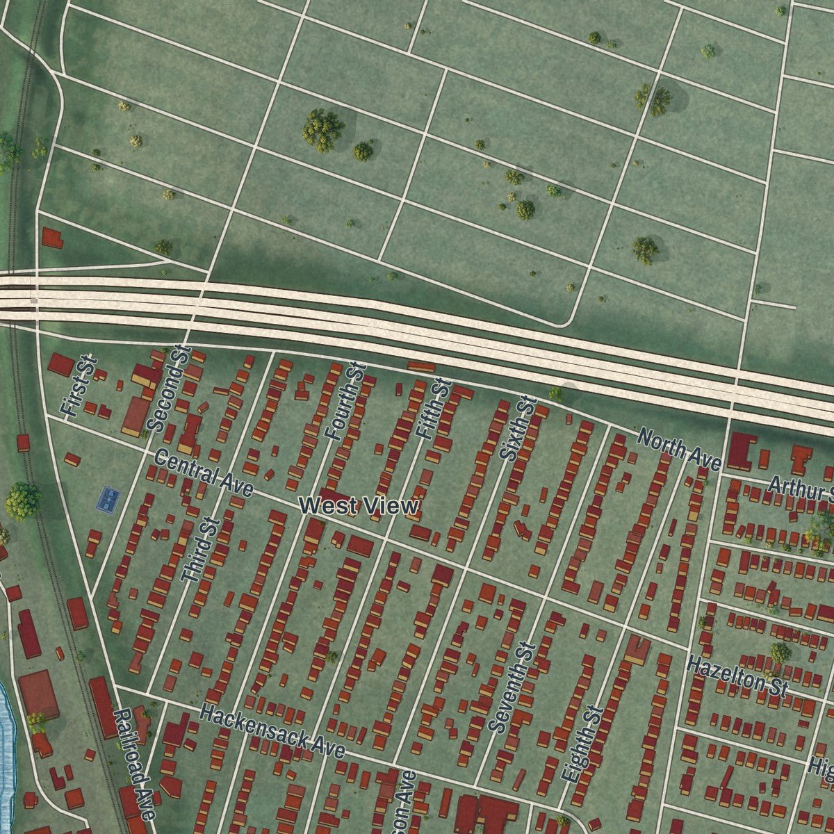 Second close-up of the map of Ridgefield Park, New Jersey print showing more streets and buildings