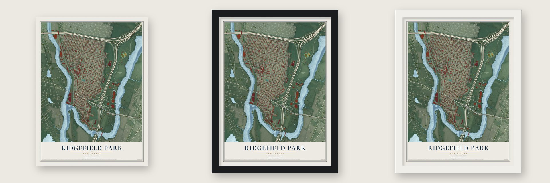 Ridgefield Park, New Jersey map unframed, in a black wood frame and in a white wood frame