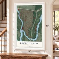 Ridgefield Park, New Jersey map, 24 x 36 inch print in a white frame by a staircase