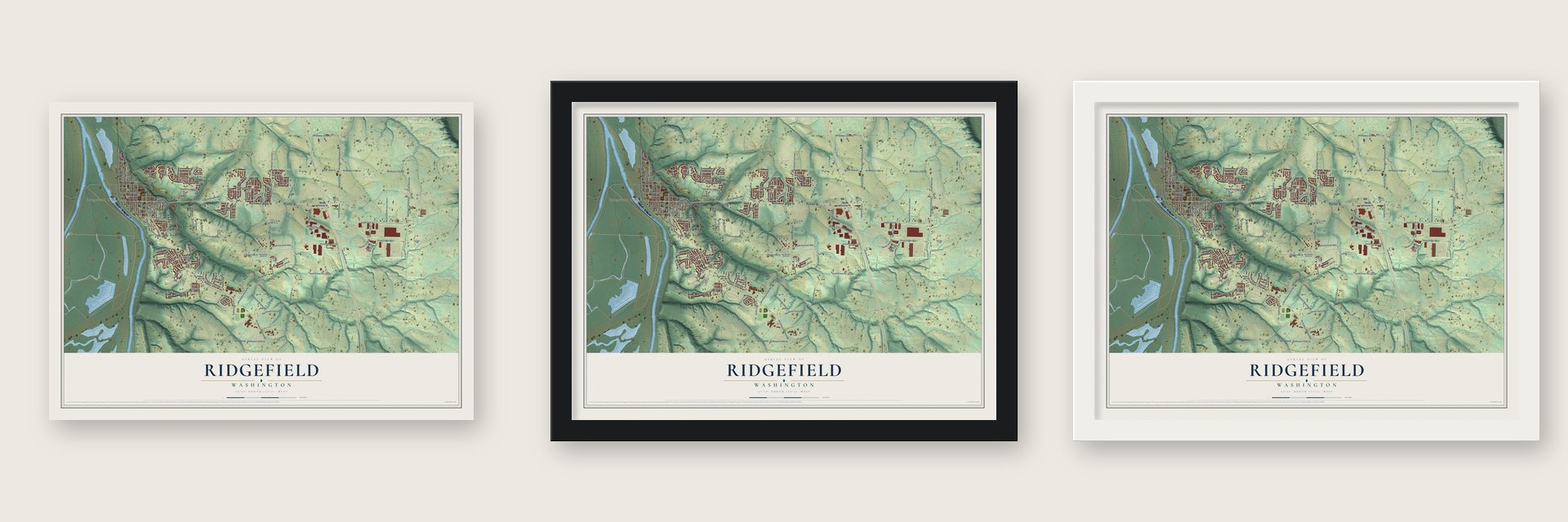 Ridgefield, Washington map unframed, in a black wood frame and in a white wood frame