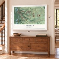 Ridgefield, Washington map, 24 x 36 inch print in a white frame above a dresser by a staircase