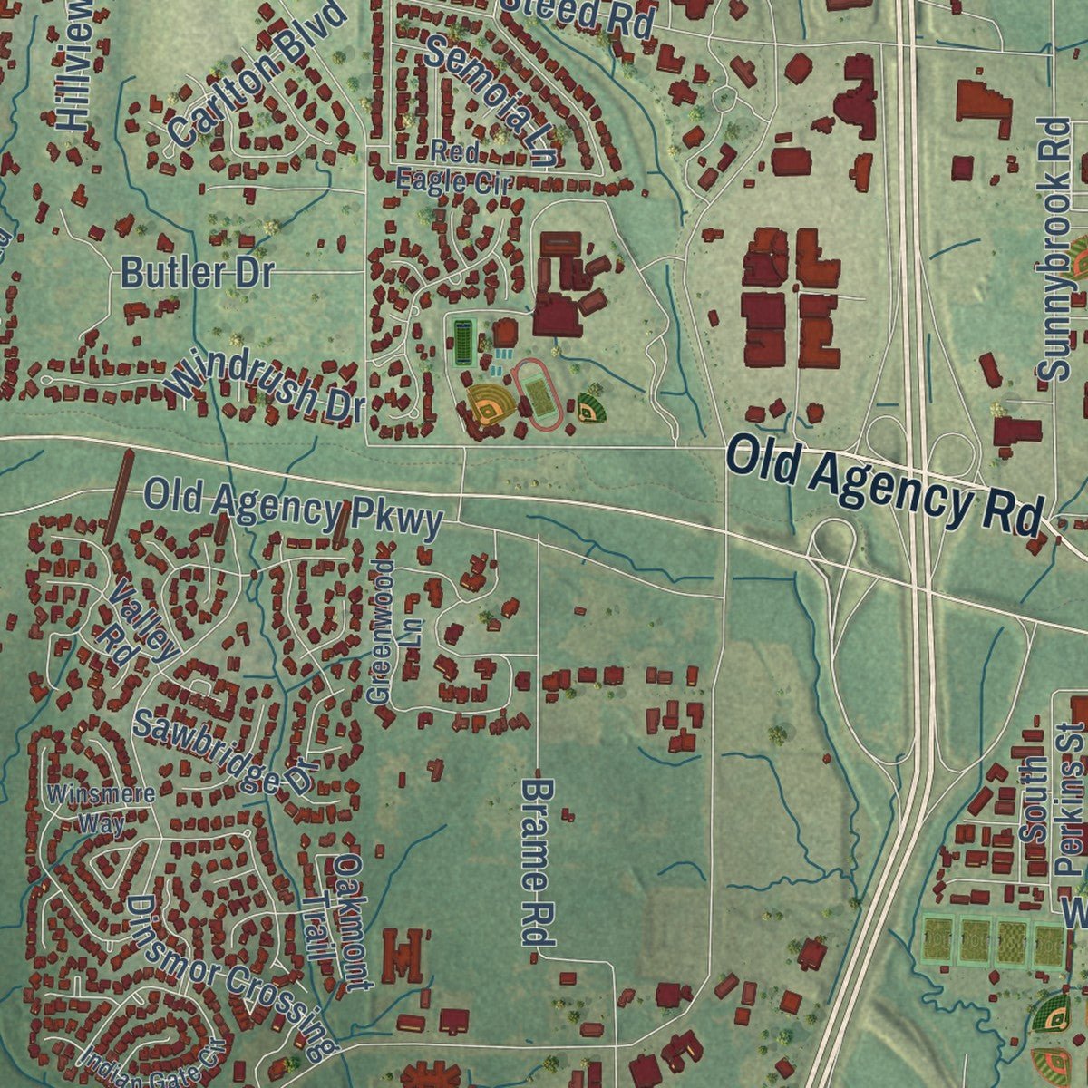 Second close-up of the map of Ridgeland, Mississippi print showing more streets and buildings