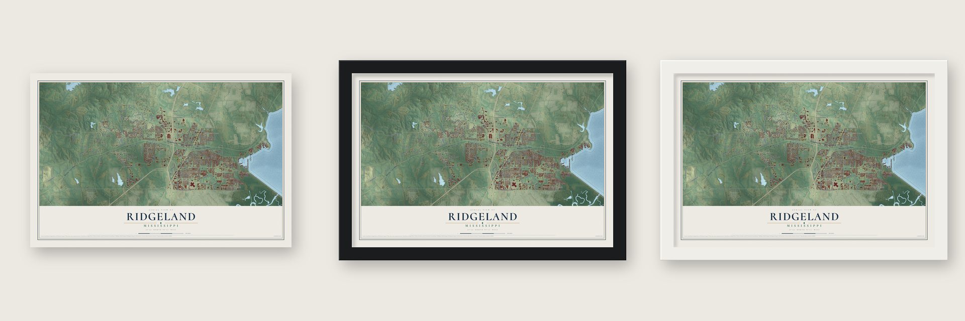 Ridgeland, Mississippi map unframed, in a black wood frame and in a white wood frame