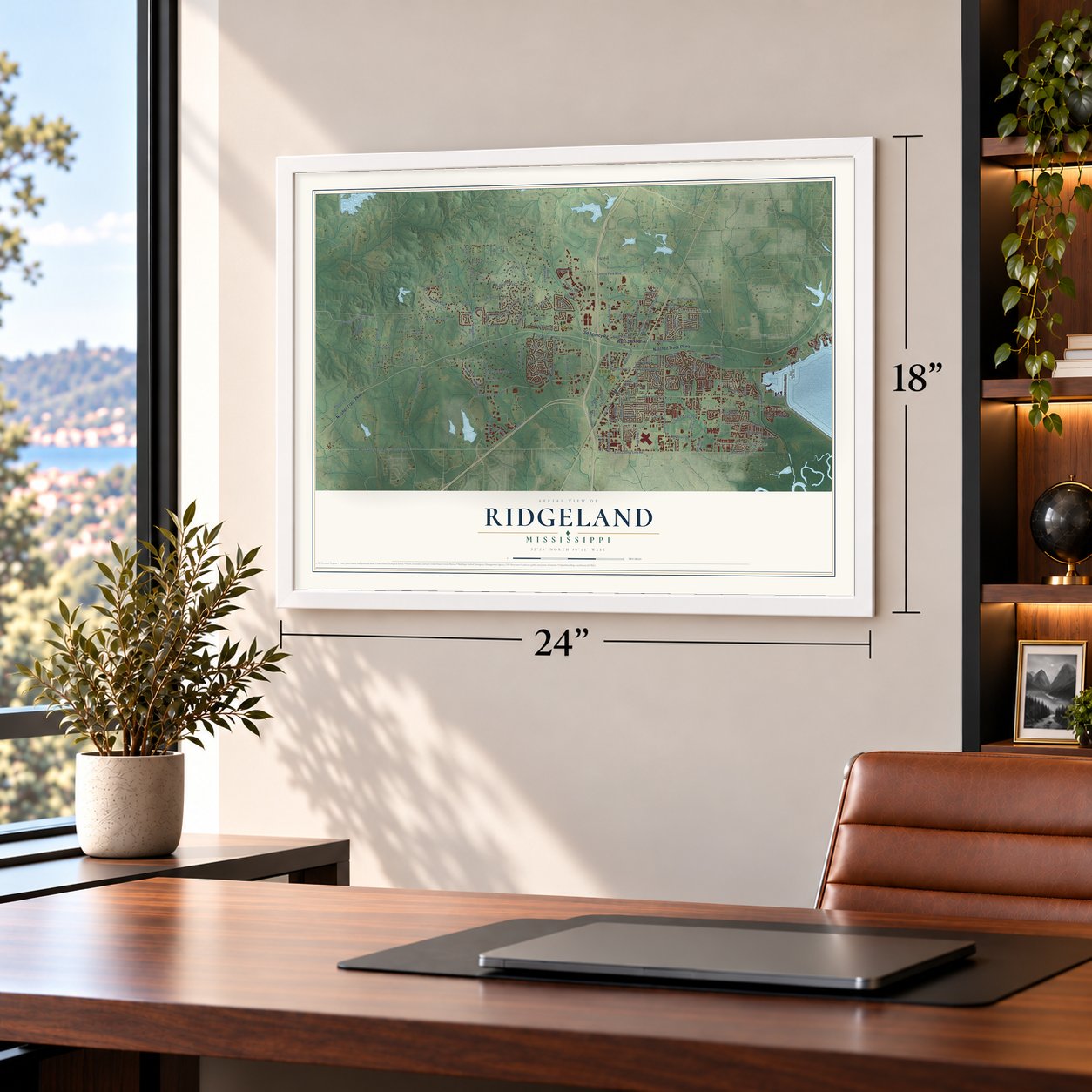 Ridgeland, Mississippi map, 18 x 24 inch print in a white frame in a home office
