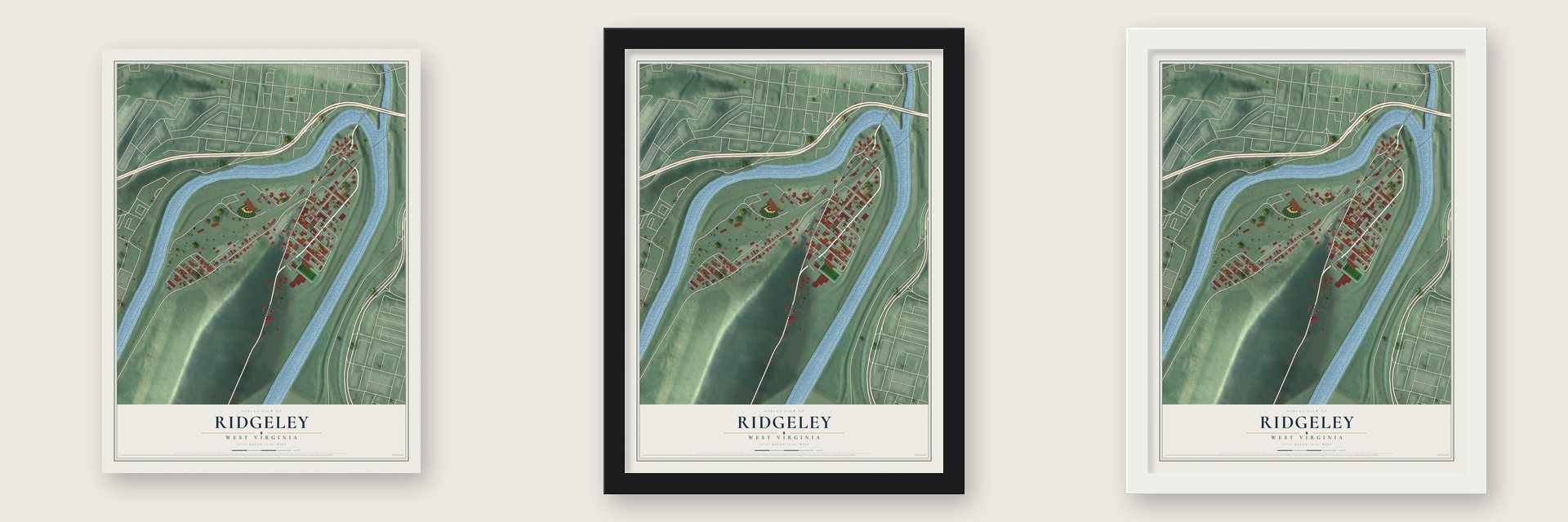Ridgeley, West Virginia map unframed, in a black wood frame and in a white wood frame